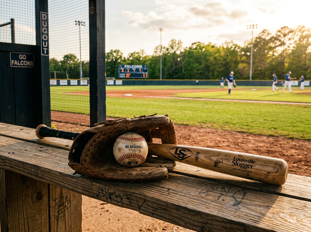 A baseball dugout bench with a glove, ball, and bat overlooking the field at sunset