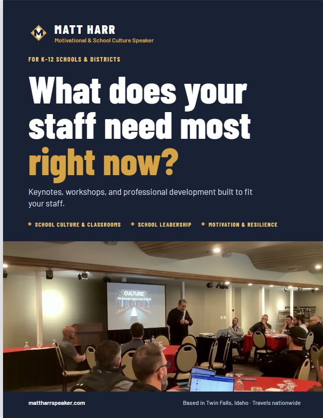 Cover of Matt Harr's school brochure, titled What does your staff need most right now?