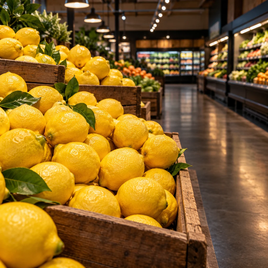 Wooden crates full of bright lemons beside an empty grocery store aisle