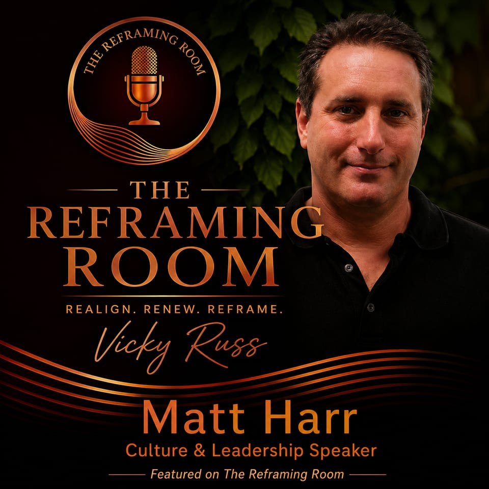 The Reframing Room podcast cover with host Vicky Russ, featuring Matt Harr, Culture & Leadership Speaker