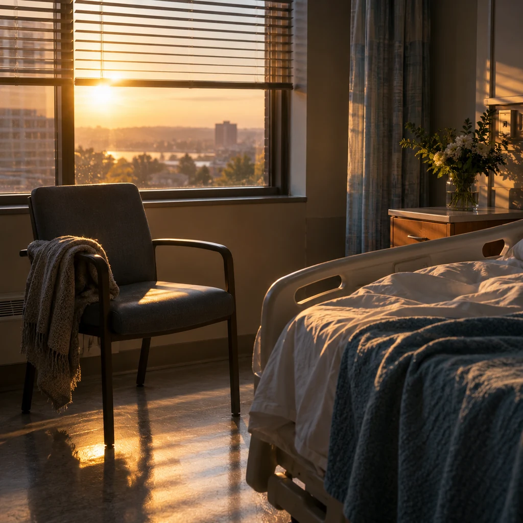 Golden morning light falling across an empty chair beside a hospital bed