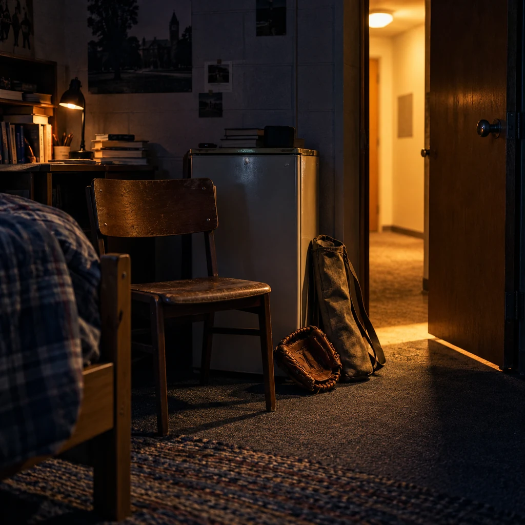 An empty chair, mini fridge, baseball glove, and bat bag in a dark college dorm room lit by an open door