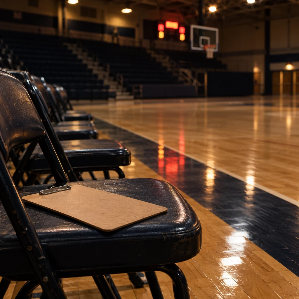 An empty row of folding chairs and a face-down clipboard beside a quiet basketball court