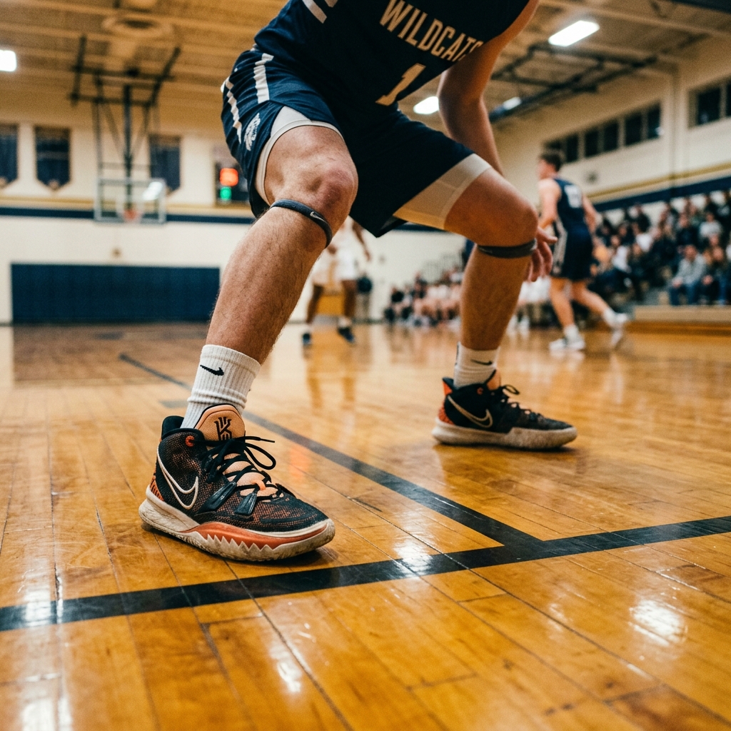 A player's sneakers set wide in a low defensive stance on a hardwood floor
