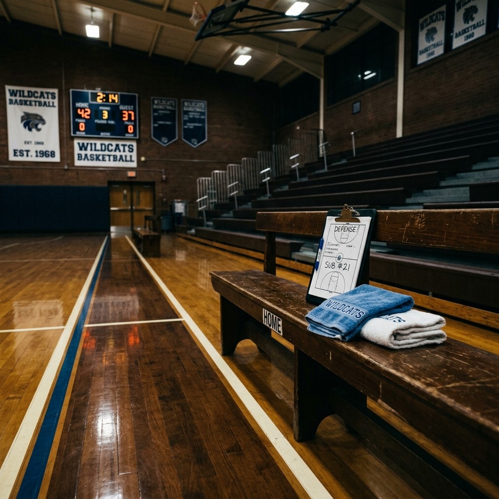 An empty gym bench with folded towels and a clipboard on the sideline