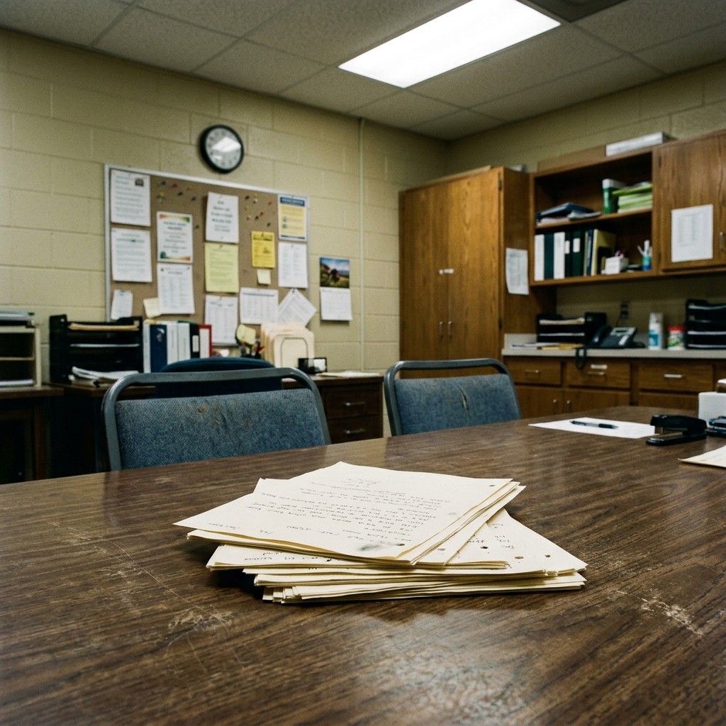 A stack of paper evaluation forms sitting on a school office table between two empty chairs