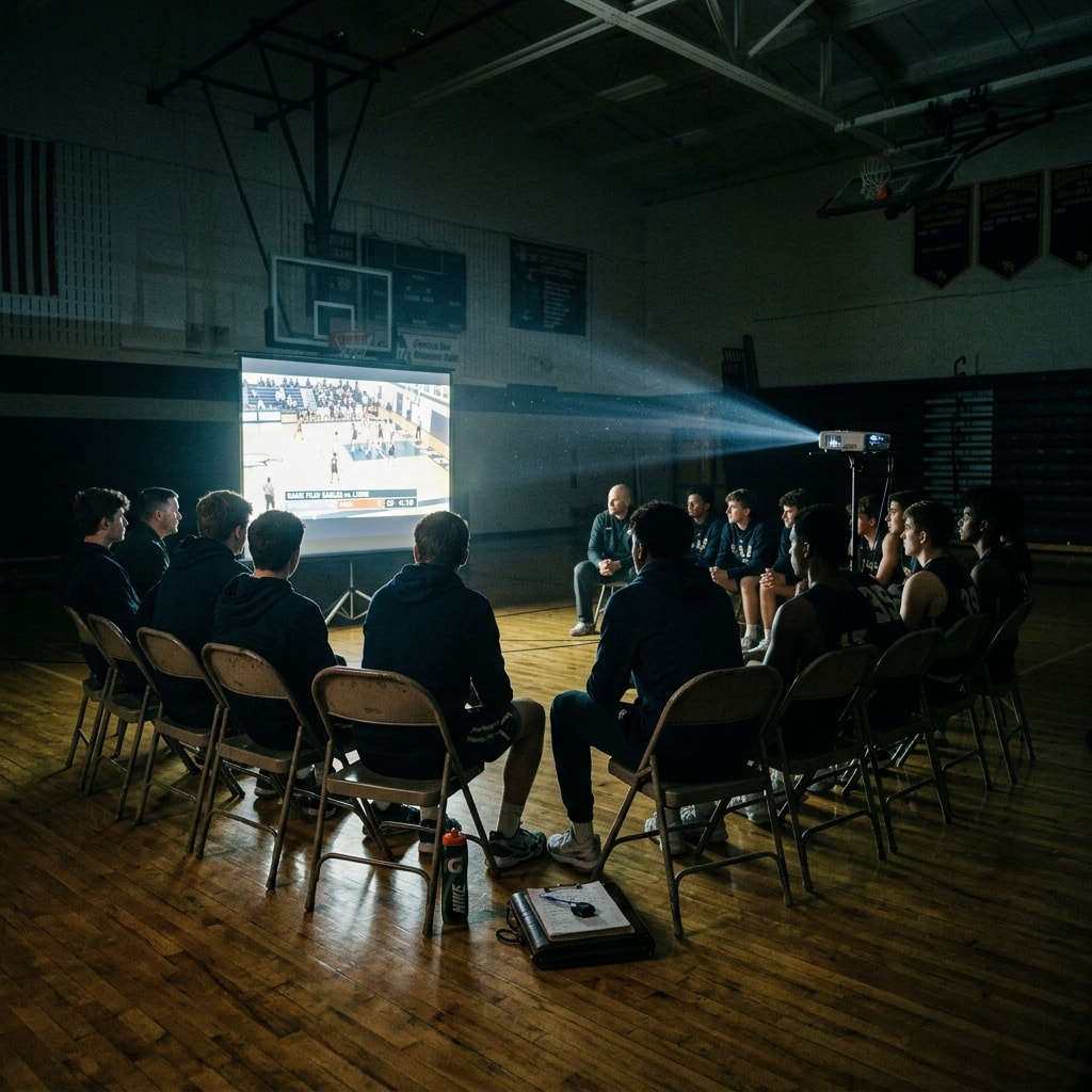 A dark gym with the projector on and folding chairs set up for a film session