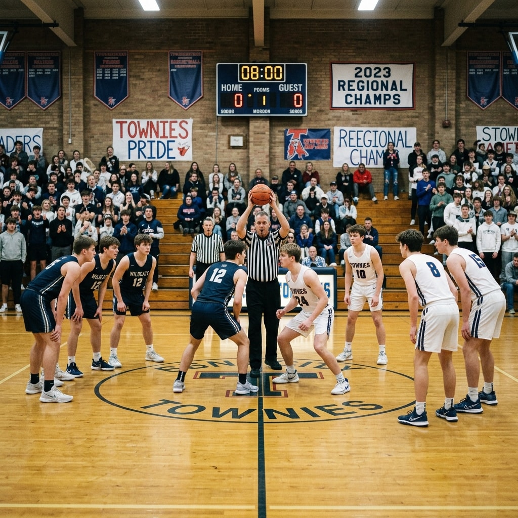 Four players standing in the center circle for a jump ball while the opponent lines up five