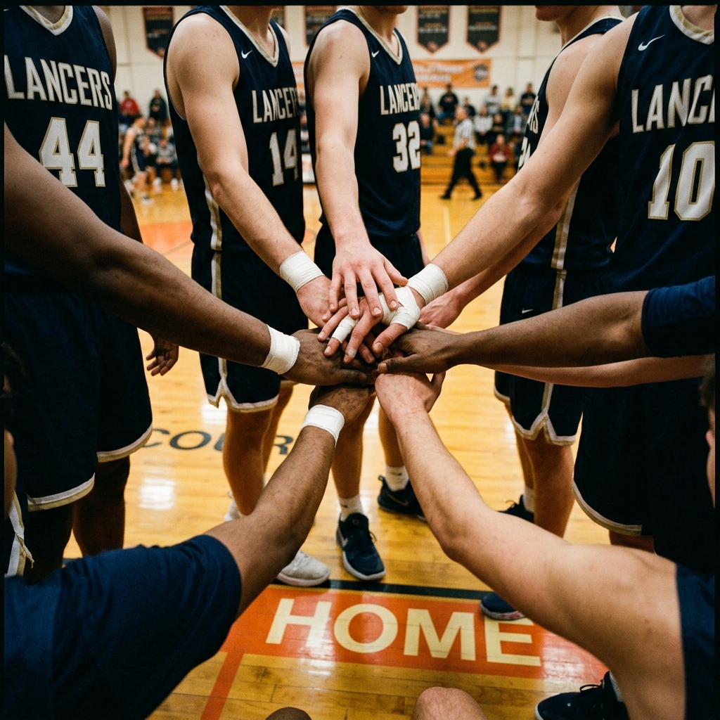 Players' hands joined in a pregame huddle on a small-school gym floor