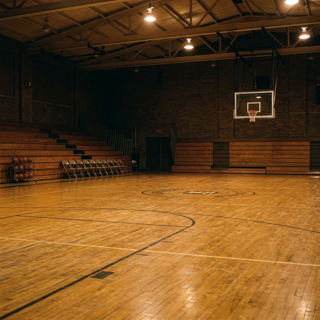 An empty small-school gym with the lights half on and a rack of basketballs at center court