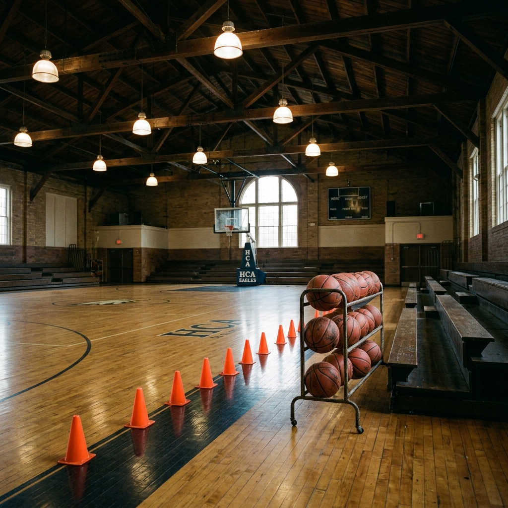 An empty small-school gym set up for basketball tryouts, with cones and a ball rack along the baseline