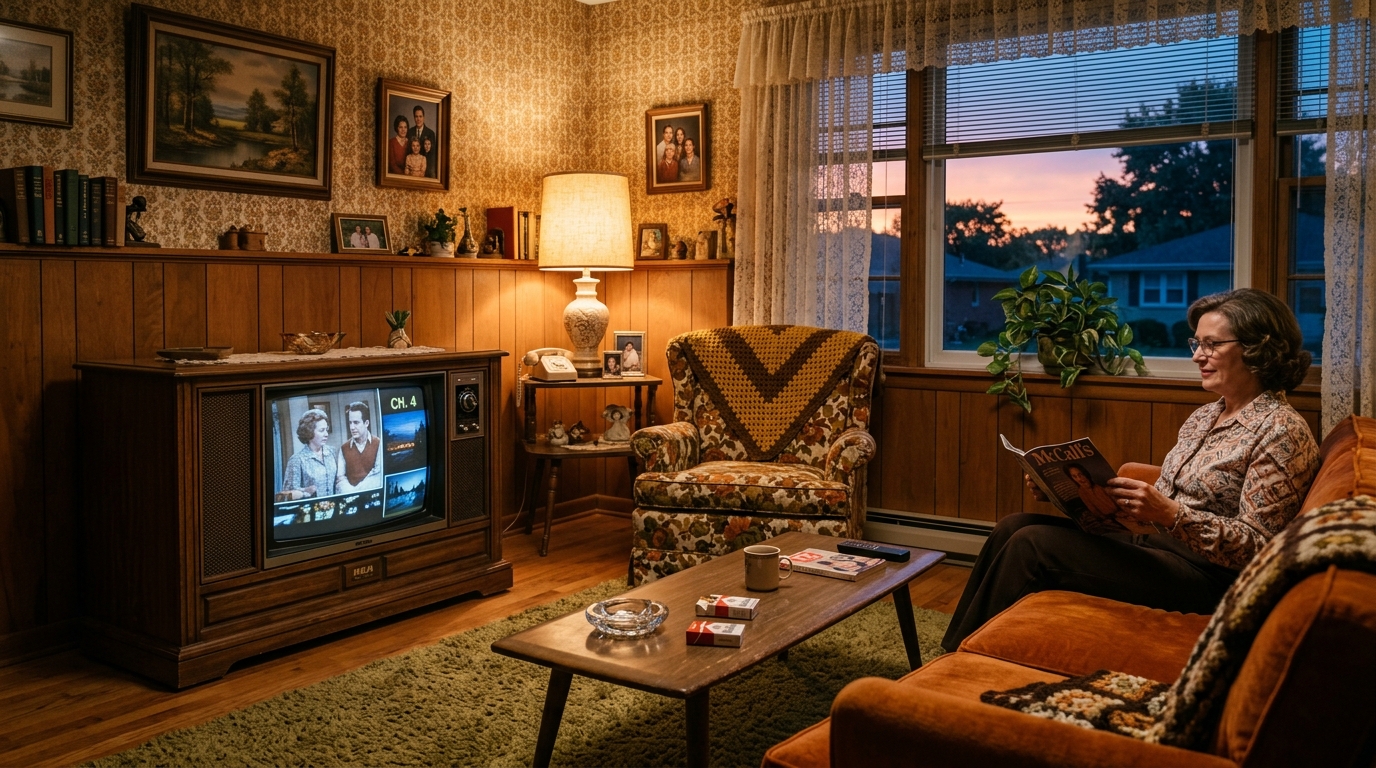 An older console television glowing in a quiet living room during the evening news