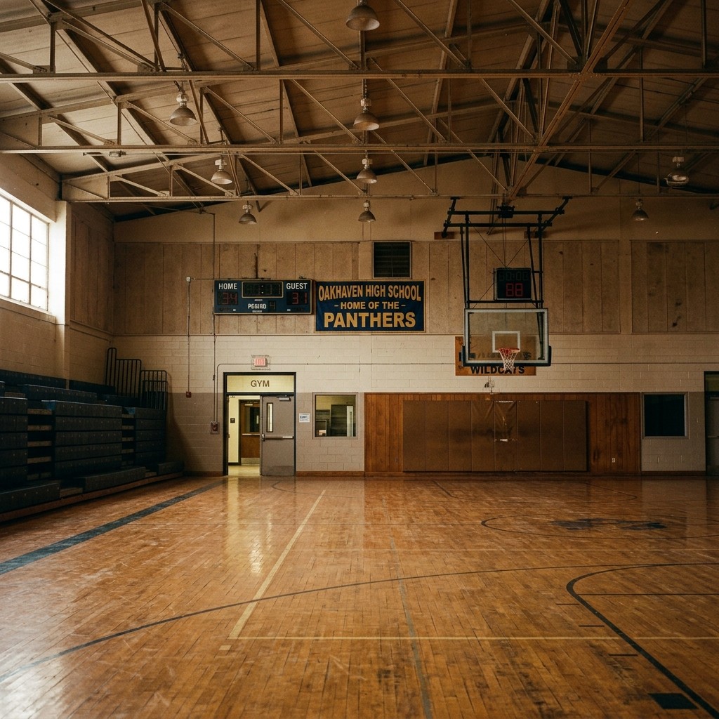 A small high school gym with a shot clock mounted above the backboard and empty bleachers