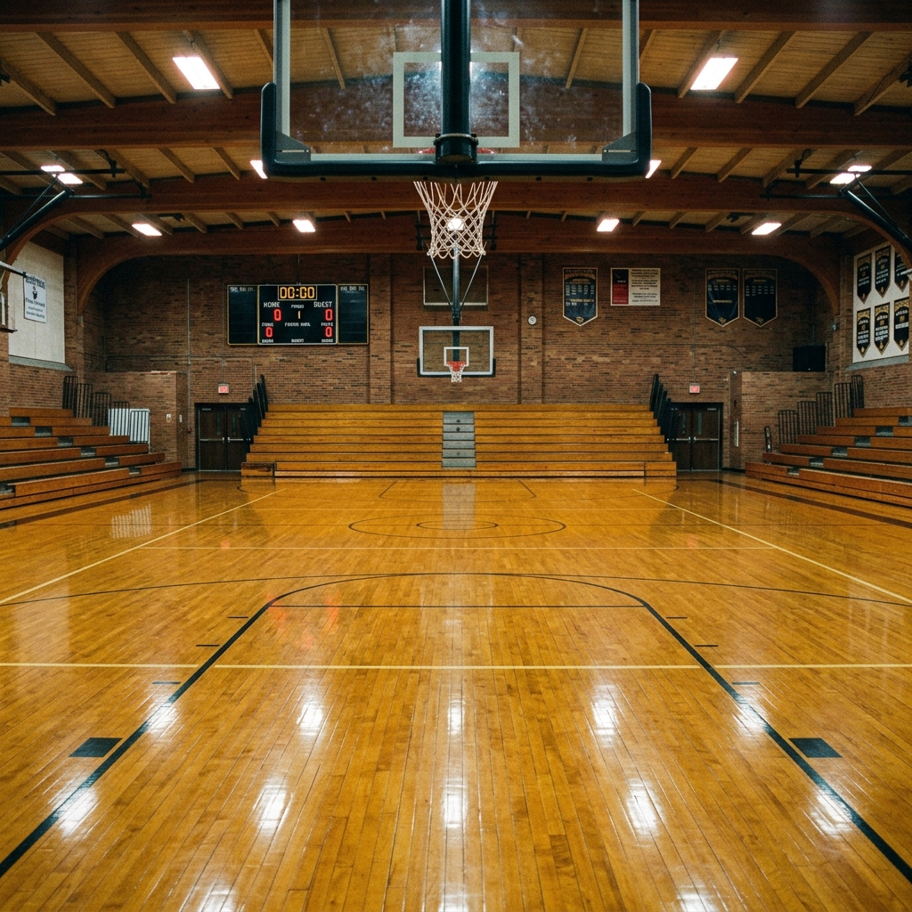An open, empty lane leading to the basket in a small-school gym