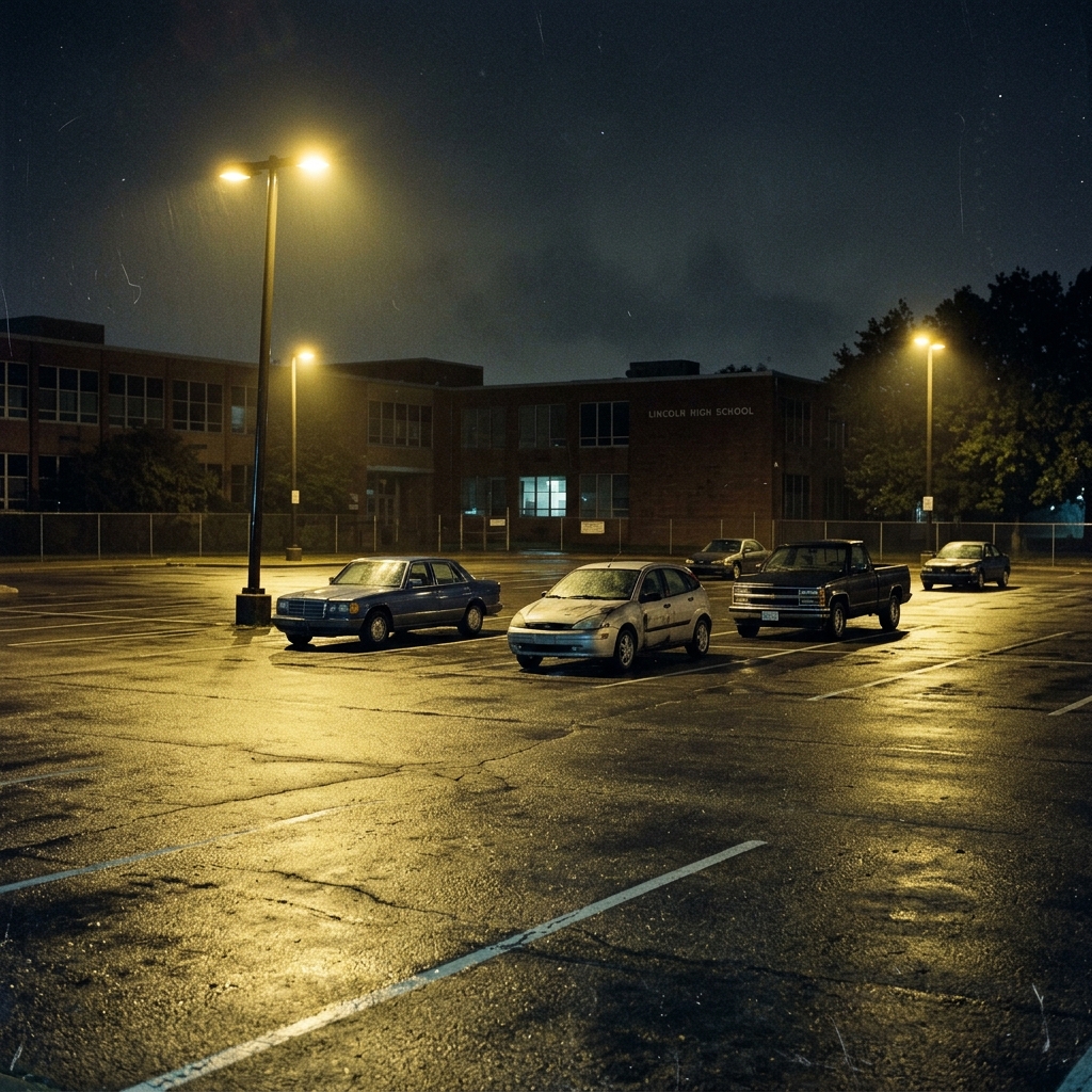 A nearly empty school parking lot at night under sodium lights