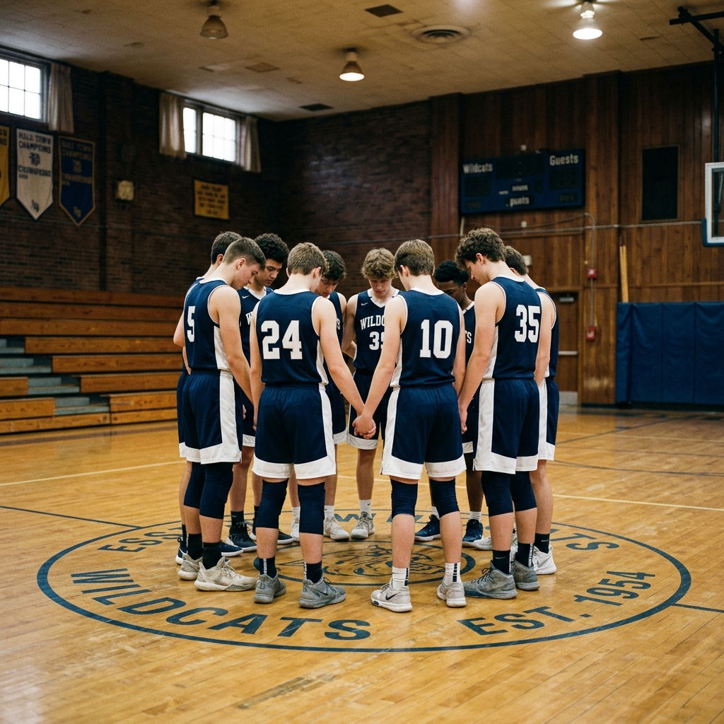 A small-school basketball team huddled with heads bowed at center court before tipoff