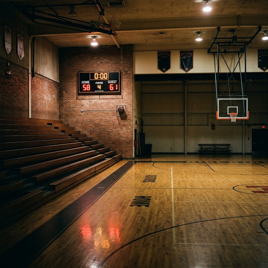 A small gym scoreboard glowing above empty bleachers after a game