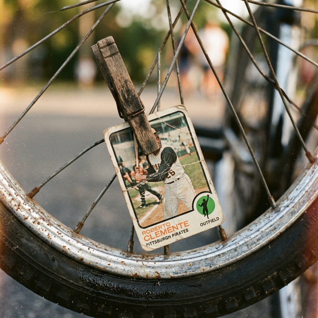 Close detail of a baseball card clipped to bicycle spokes with a wooden clothespin