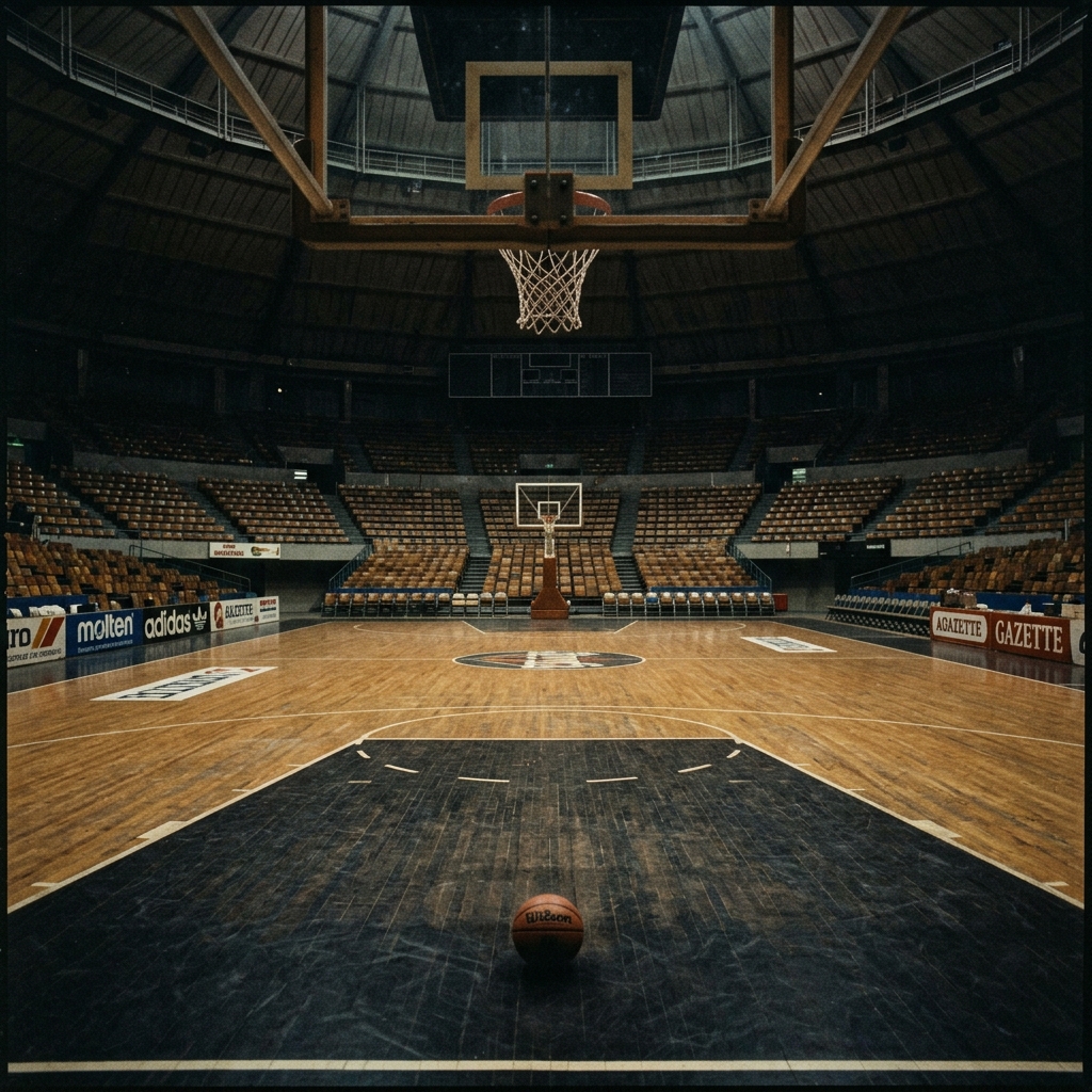 An empty basketball court with the lights dimmed after a game