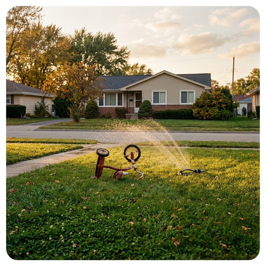 A quiet 1970s suburban front lawn with a sprinkler head and an overturned tricycle