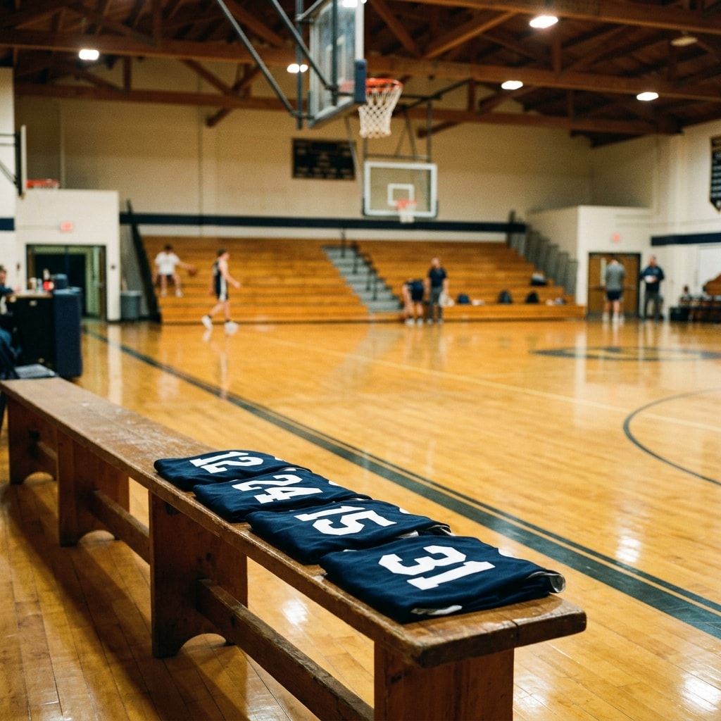 An empty small-school gym with four warmup jerseys laid out on the bench before tipoff
