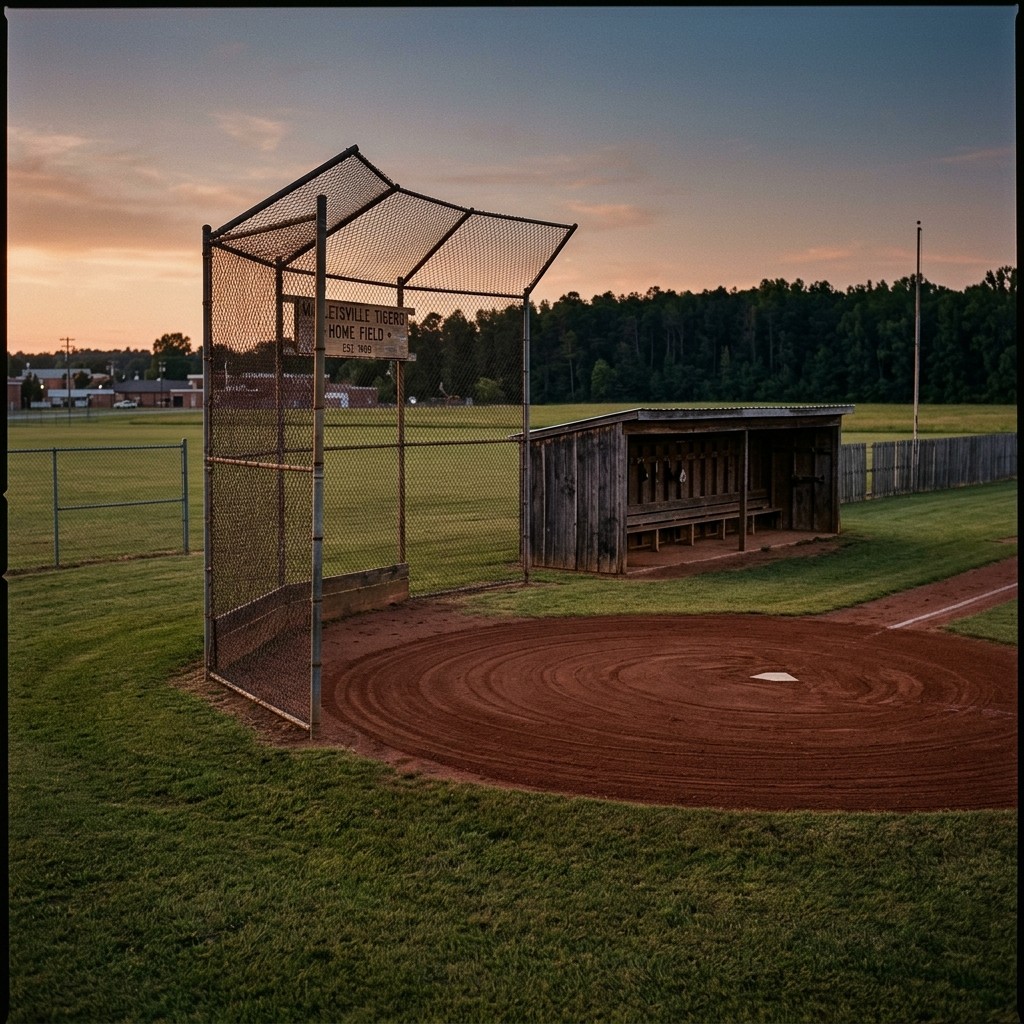 An empty small-town high school baseball field at dusk with the infield freshly dragged